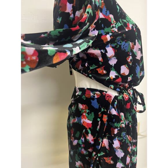 Open Edit Fit & Flare Velvet Dress Side Pockets Black Floral Open Back Size S - Picture 5 of 13